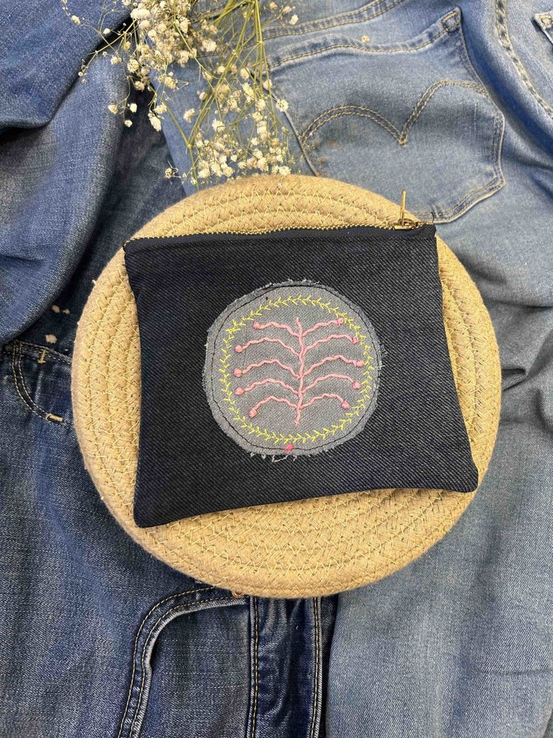 Buy Upcycled Denim Pouch with Hand Embroidery | Shop Verified Sustainable Travel Organiser on Brown Living™