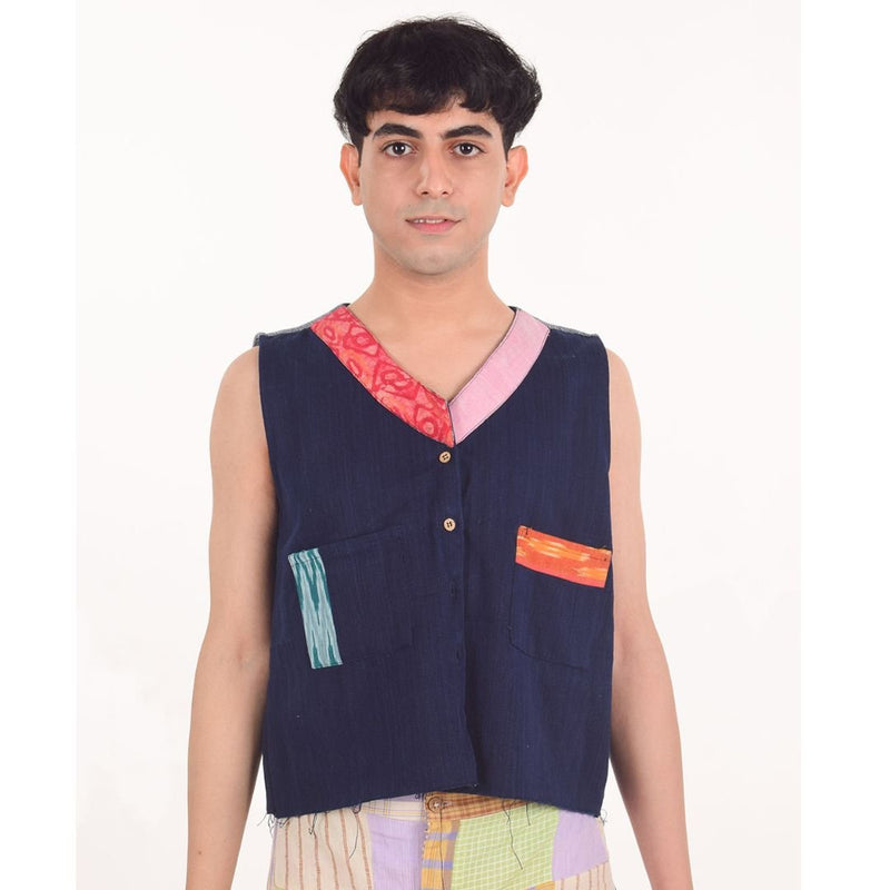 Buy Upcycled Khadi denim sleeveless jacket | Shop Verified Sustainable Mens Jacket on Brown Living™