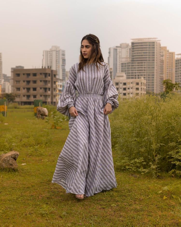 Buy Vritra Dress - White + Bluish Grey + Beige Stripes Pattern | Shop Verified Sustainable Womens Dress on Brown Living™