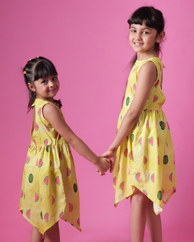 Buy Watermelon Splash Handkerchief Hem Dress | Shop Verified Sustainable Kids Frocks & Dresses on Brown Living™