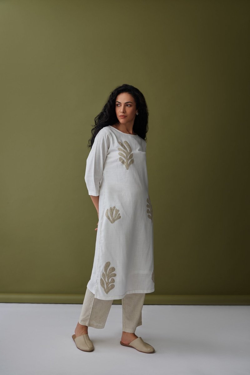 White Applique Linen Kurta Set | Verified Sustainable Womens Kurta on Brown Living™