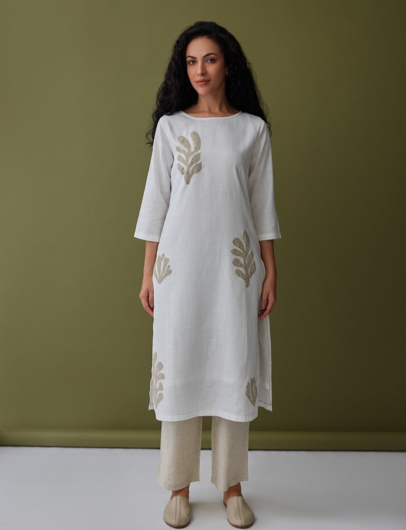 White Applique Linen Kurta Set | Verified Sustainable Womens Kurta on Brown Living™