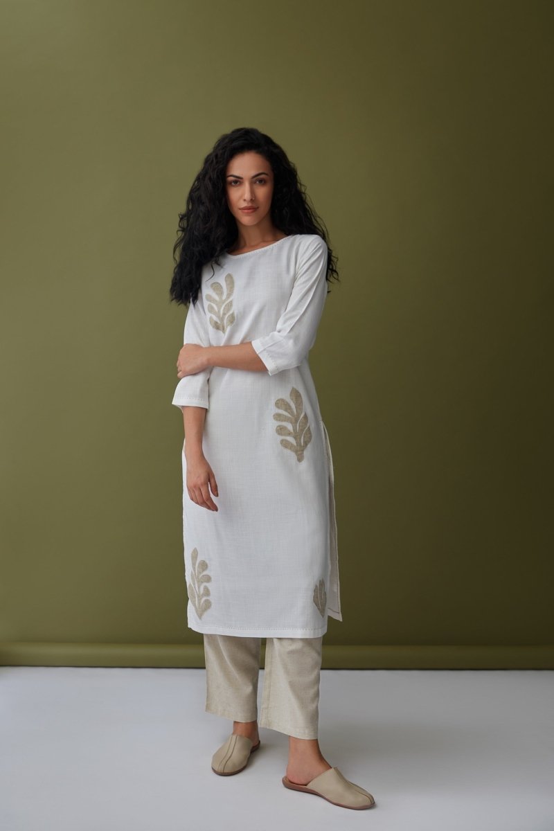 White Applique Linen Kurta Set | Verified Sustainable Womens Kurta on Brown Living™