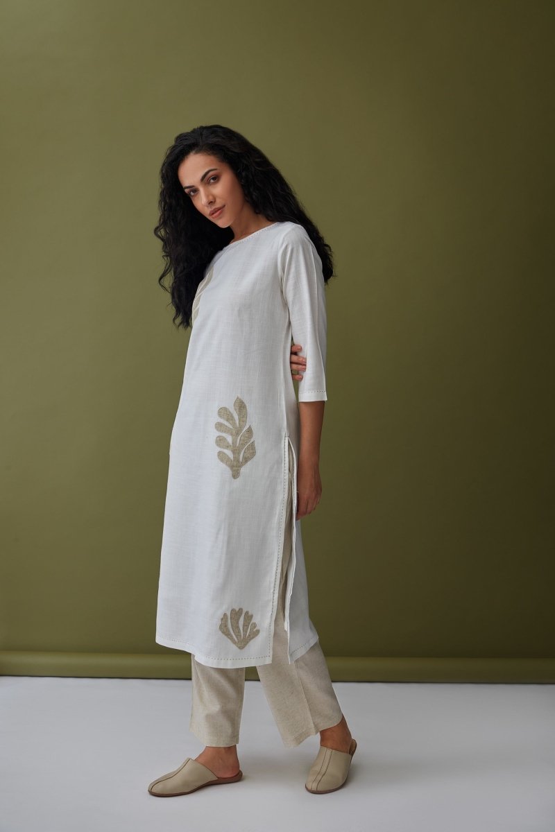 White Applique Linen Kurta Set | Verified Sustainable Womens Kurta on Brown Living™