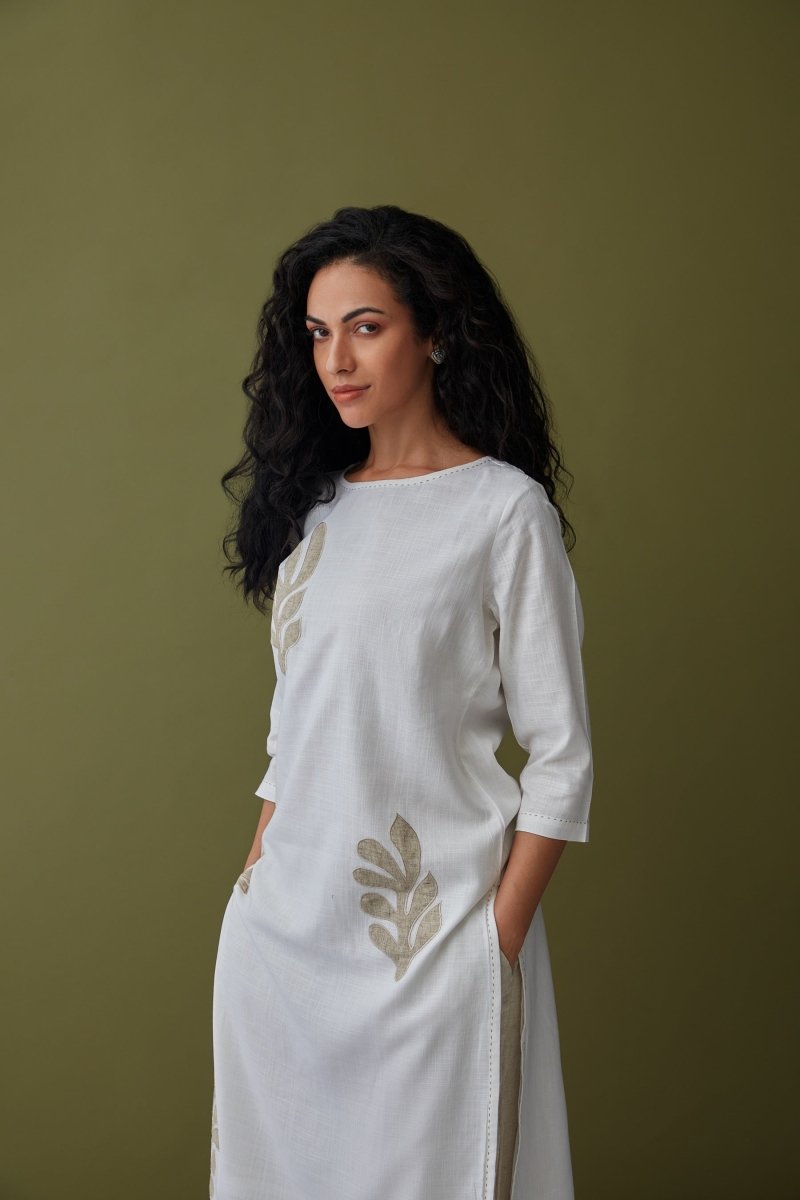 White Applique Linen Kurta Set | Verified Sustainable Womens Kurta on Brown Living™