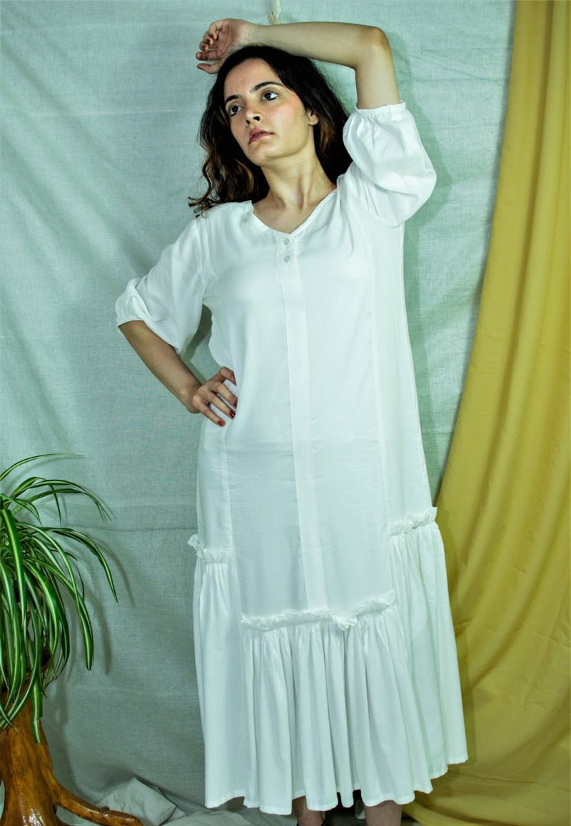 Buy White bamboo fabric V-neck dress | Shop Verified Sustainable Womens Dress on Brown Living™