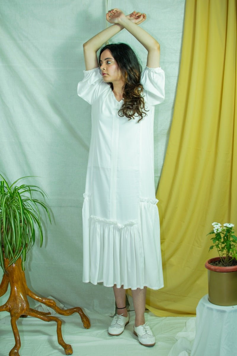 Buy White bamboo fabric V-neck dress | Shop Verified Sustainable Womens Dress on Brown Living™