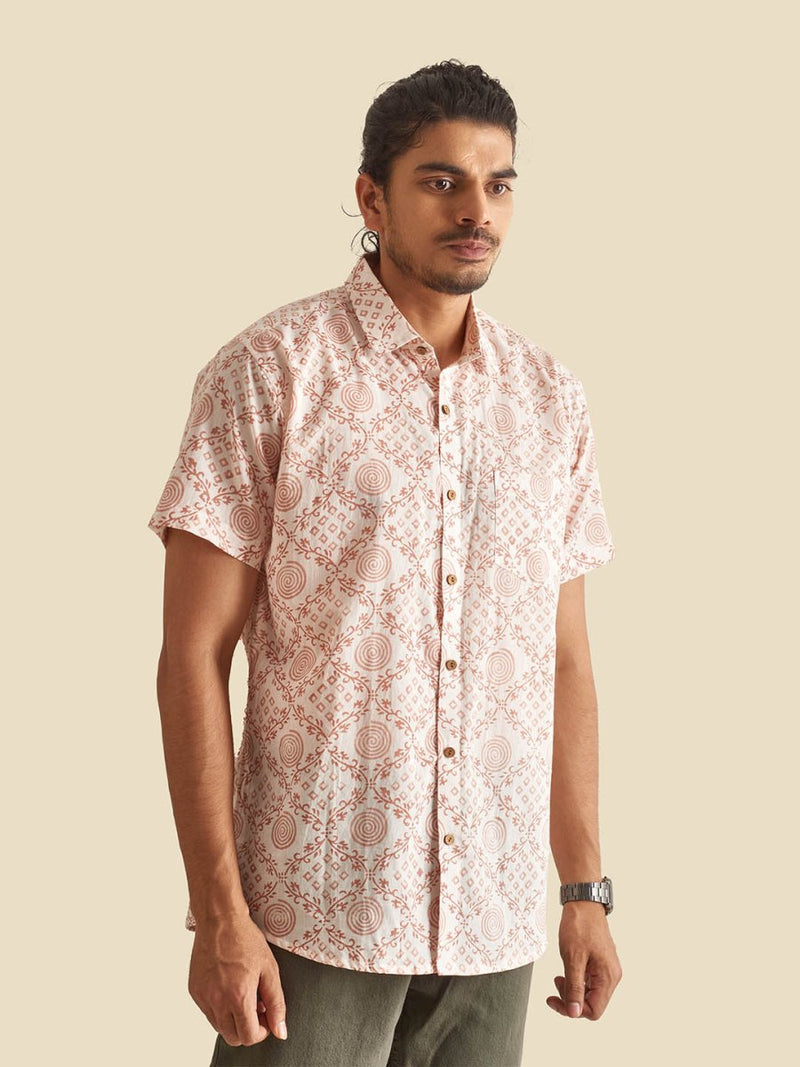 Buy White Ethnic Block Printed Holiday Halfsleeves Cotton Shirt | Shop Verified Sustainable Mens Shirt on Brown Living™