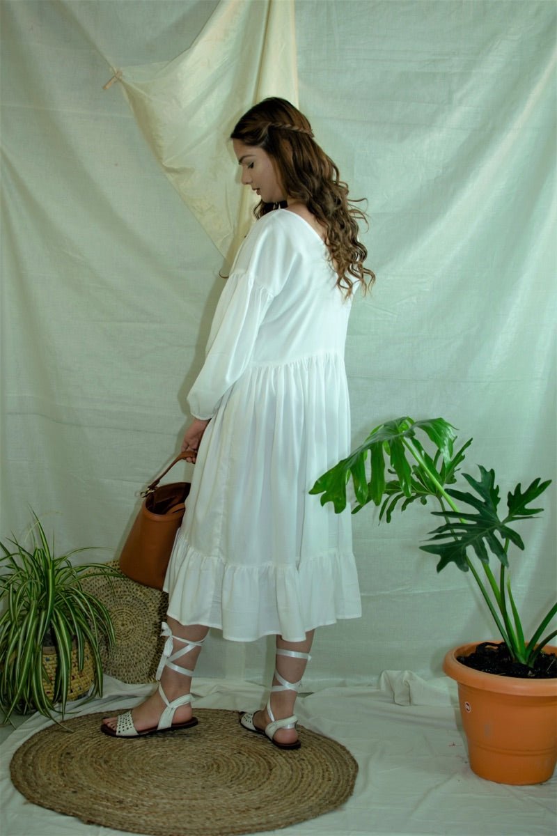 Buy White flowy gathered summer dress | Shop Verified Sustainable Womens Dress on Brown Living™