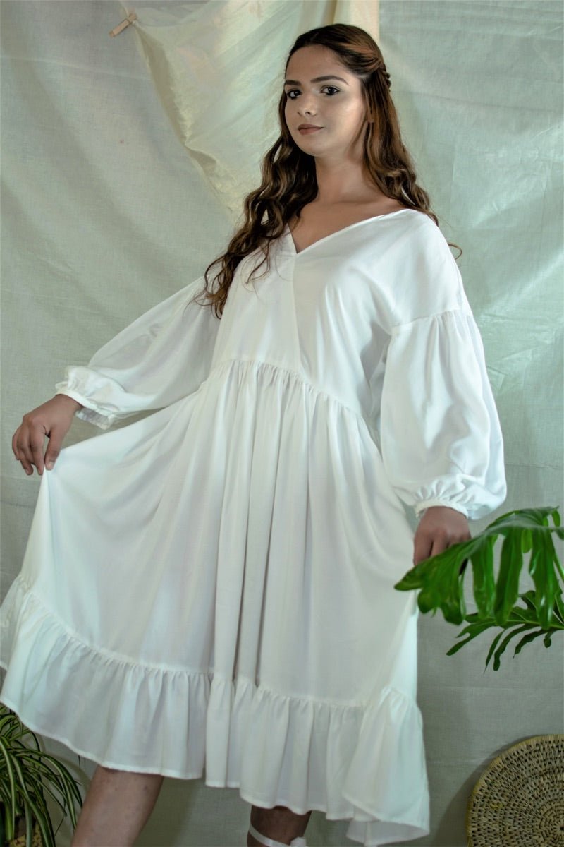 Buy White flowy gathered summer dress | Shop Verified Sustainable Womens Dress on Brown Living™