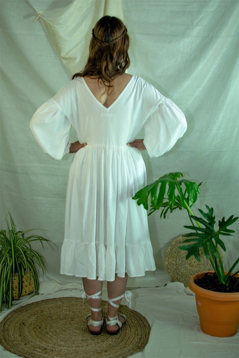 Buy White flowy gathered summer dress | Shop Verified Sustainable Womens Dress on Brown Living™