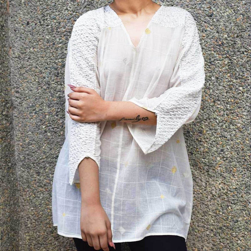 Buy White Jamdani Kimono | Shop Verified Sustainable Womens Top on Brown Living™