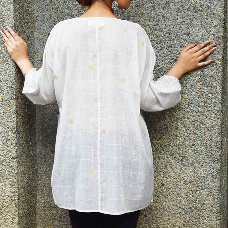 Buy White Jamdani Kimono | Shop Verified Sustainable Womens Top on Brown Living™