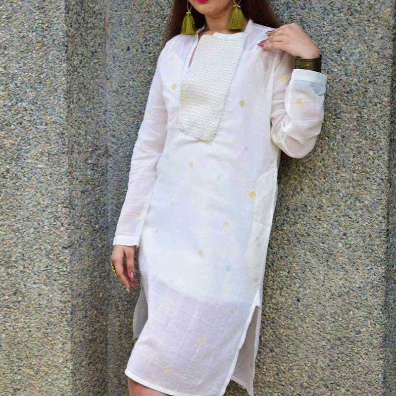 Buy White Jamdani Kurta | Shop Verified Sustainable Womens Kurta on Brown Living™