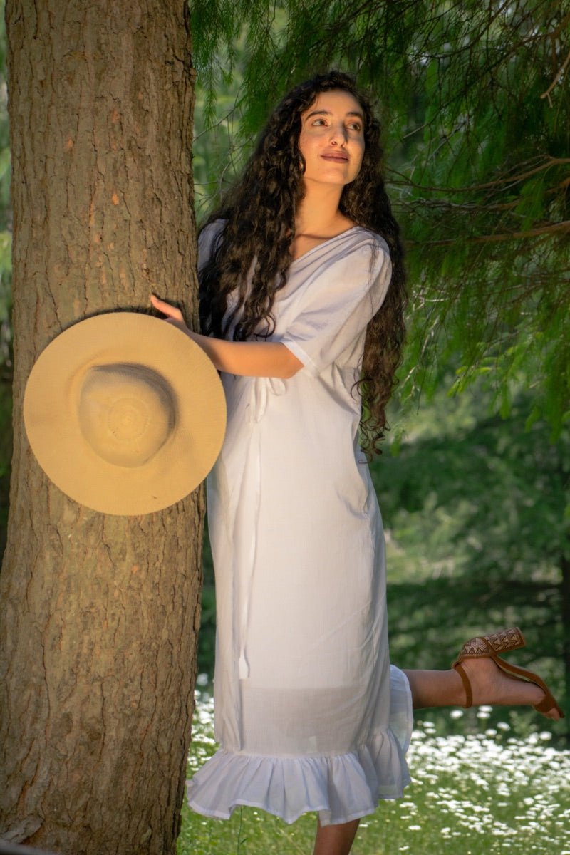 Buy White organic cotton wrap dress | Shop Verified Sustainable Womens Dress on Brown Living™