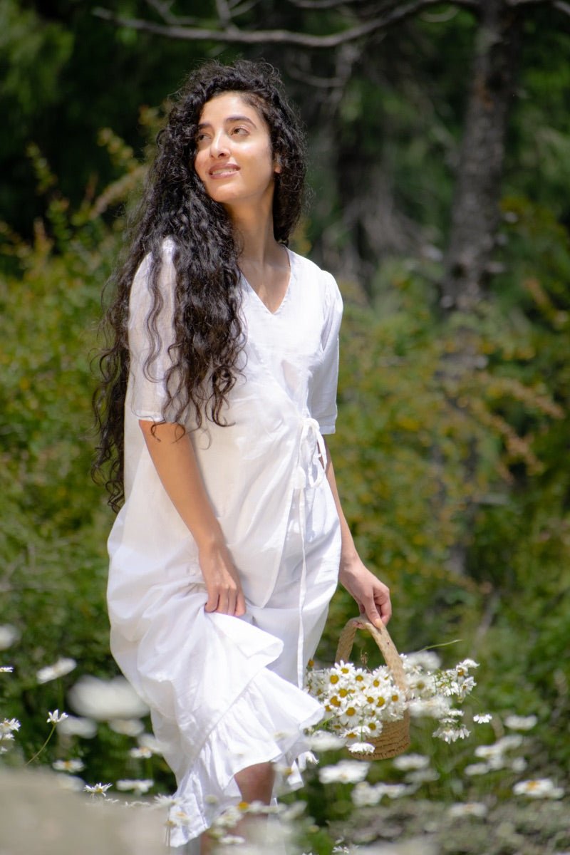 Buy White organic cotton wrap dress | Shop Verified Sustainable Womens Dress on Brown Living™