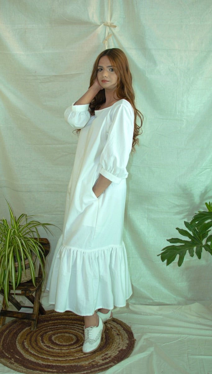 Buy White V-neck organic cotton dress | Shop Verified Sustainable Womens Dress on Brown Living™