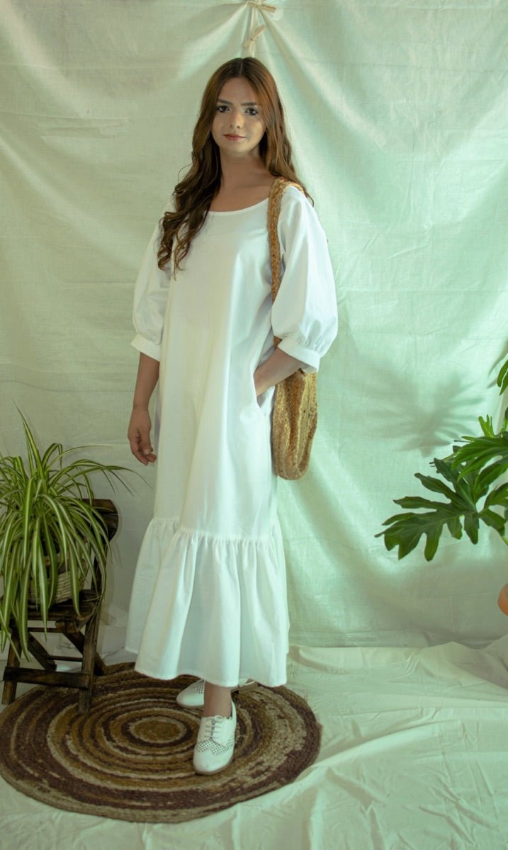 Buy White V-neck organic cotton dress | Shop Verified Sustainable Womens Dress on Brown Living™