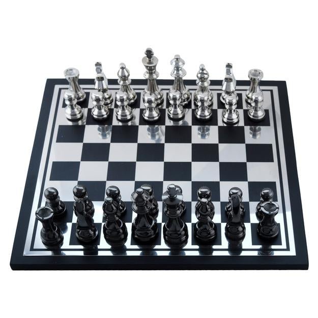 Buy Handcrafted Wooden & Metal Chess Board Game Black and Silver Finish | Shop Verified Sustainable Learning & Educational Toys on Brown Living™