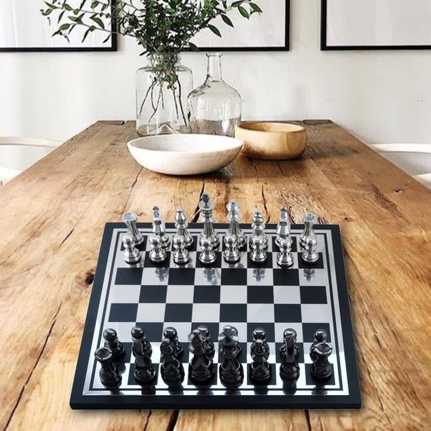 Buy Handcrafted Wooden & Metal Chess Board Game Black and Silver Finish | Shop Verified Sustainable Learning & Educational Toys on Brown Living™