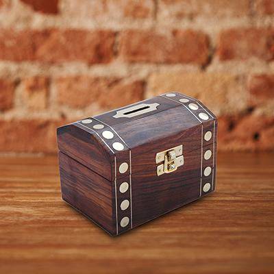 Buy Handmade Wooden Brass Box | Vintage Treasure Chest | Piggy Bank | Shop Verified Sustainable Piggy Banks & Money Jars on Brown Living™