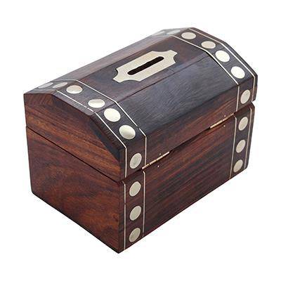 Buy Handmade Wooden Brass Box | Vintage Treasure Chest | Piggy Bank | Shop Verified Sustainable Piggy Banks & Money Jars on Brown Living™