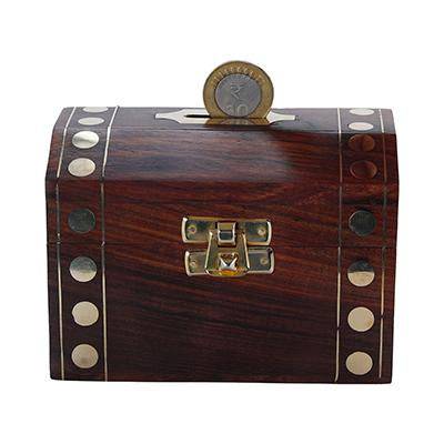 Buy Handmade Wooden Brass Box | Vintage Treasure Chest | Piggy Bank | Shop Verified Sustainable Piggy Banks & Money Jars on Brown Living™