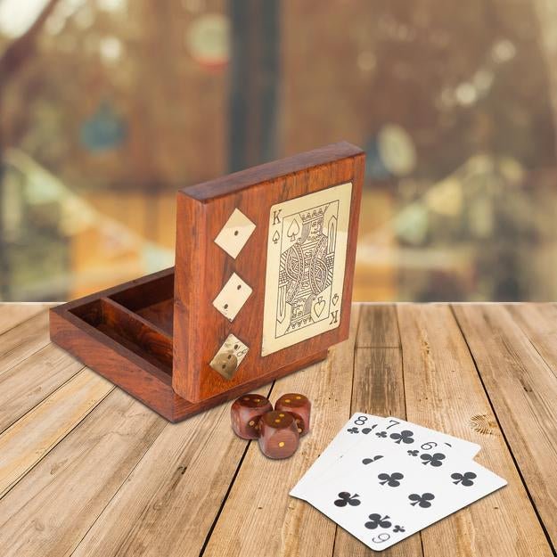 Buy Handmade Wooden Storage Box for Playing Cards and Set of Five Dices | Shop Verified Sustainable Learning & Educational Toys on Brown Living™