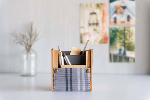 Buy Wooden Pen Stand with Changeable Sleeve - Grey Double Line & Yellow Single Line | Shop Verified Sustainable Desk Organizers on Brown Living™