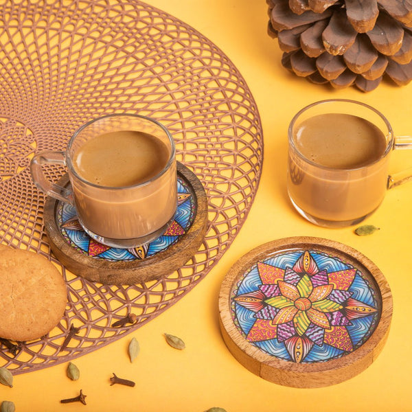 Buy Wooden Round Coasters with Mandala Print Design Set of 2 | Shop Verified Sustainable Table Essentials on Brown Living™