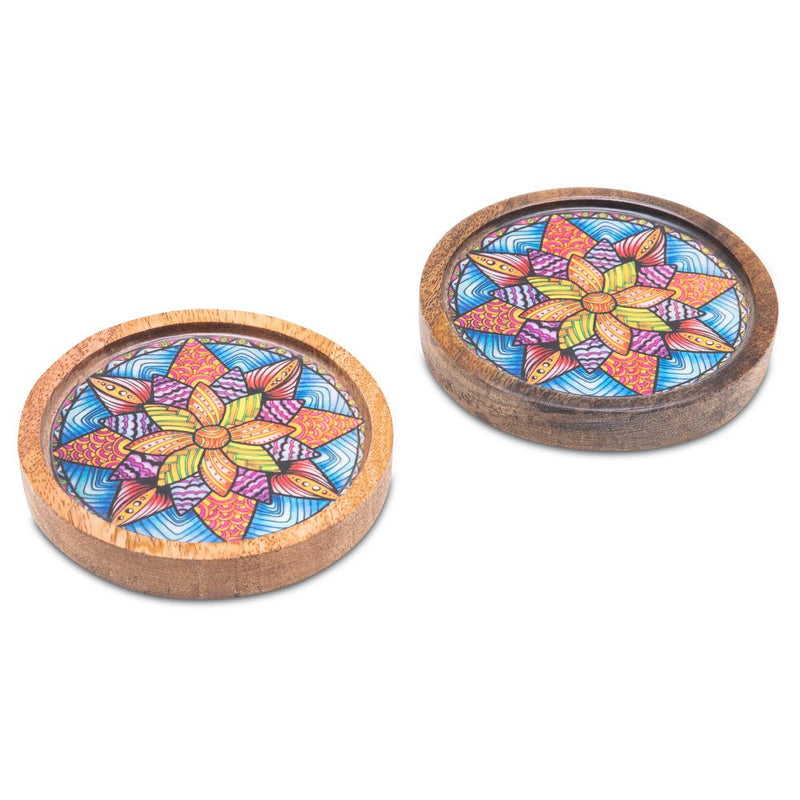 Buy Wooden Round Coasters with Mandala Print Design Set of 2 | Shop Verified Sustainable Table Essentials on Brown Living™