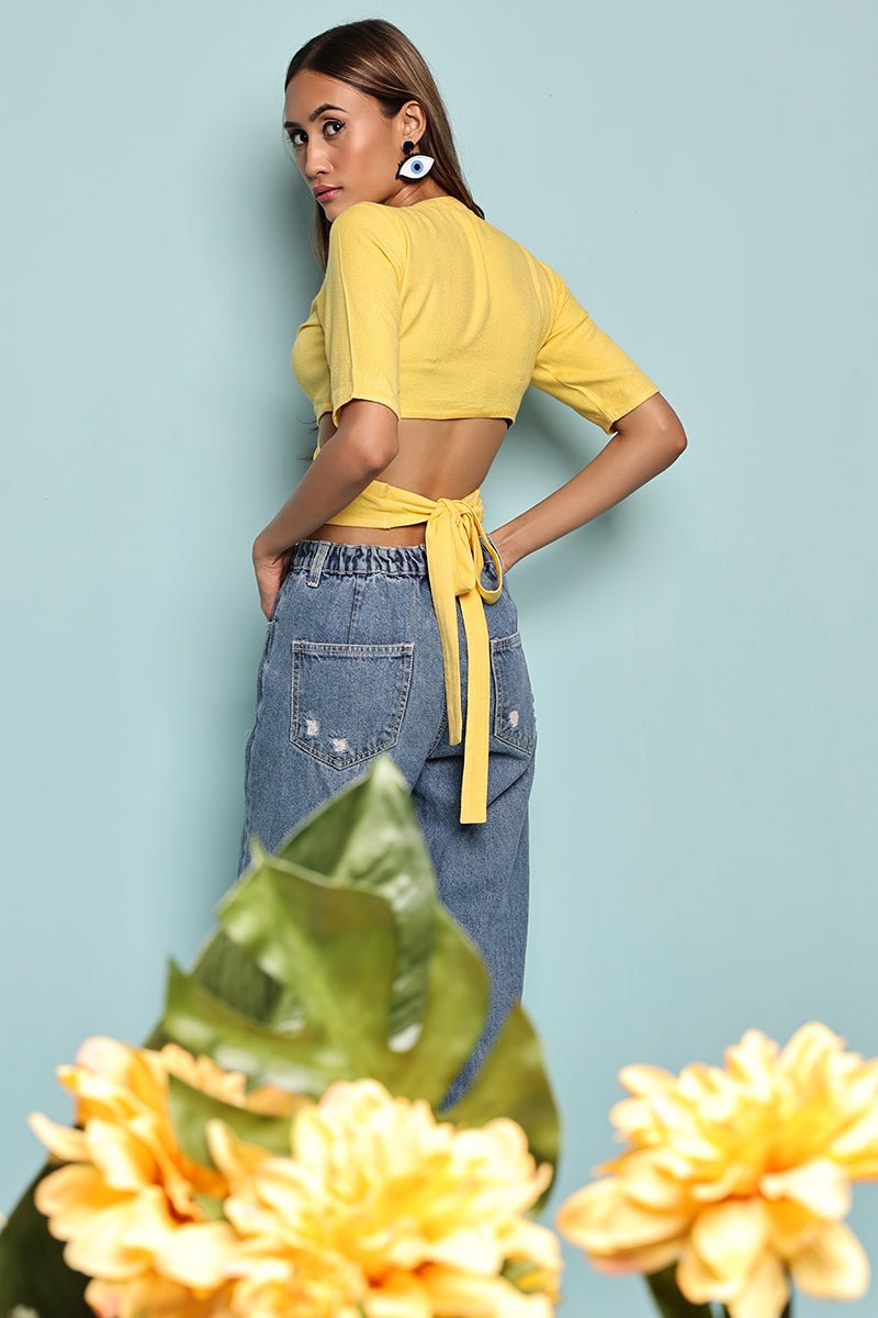 Buy Yellow Cropped Wrap Top | Made with FSC certified sustainable moss crepe | Shop Verified Sustainable Womens Top on Brown Living™