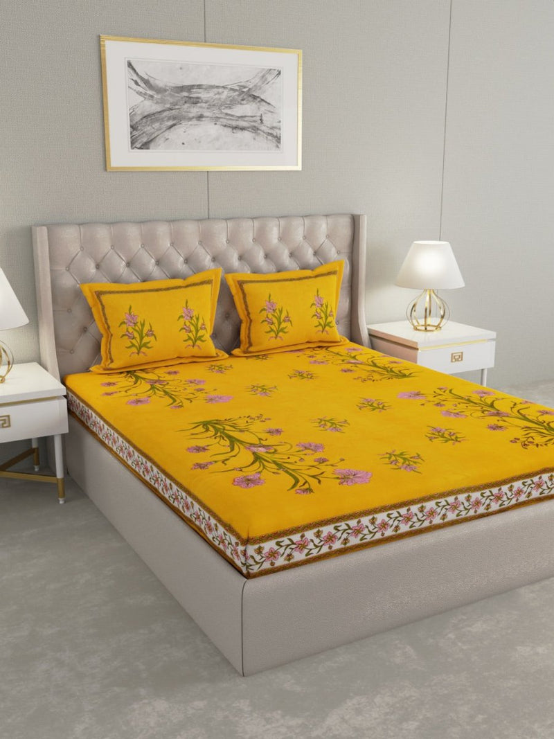 Buy Yellow Hand Block Jaipuri Print Cotton King Size Bedding Set | Shop Verified Sustainable Bedding on Brown Living™