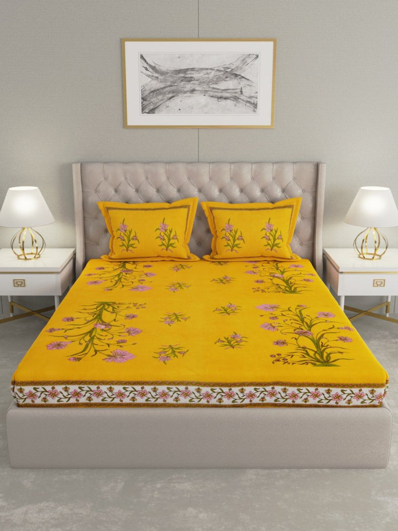 Buy Yellow Hand Block Jaipuri Print Cotton King Size Bedding Set | Shop Verified Sustainable Bedding on Brown Living™