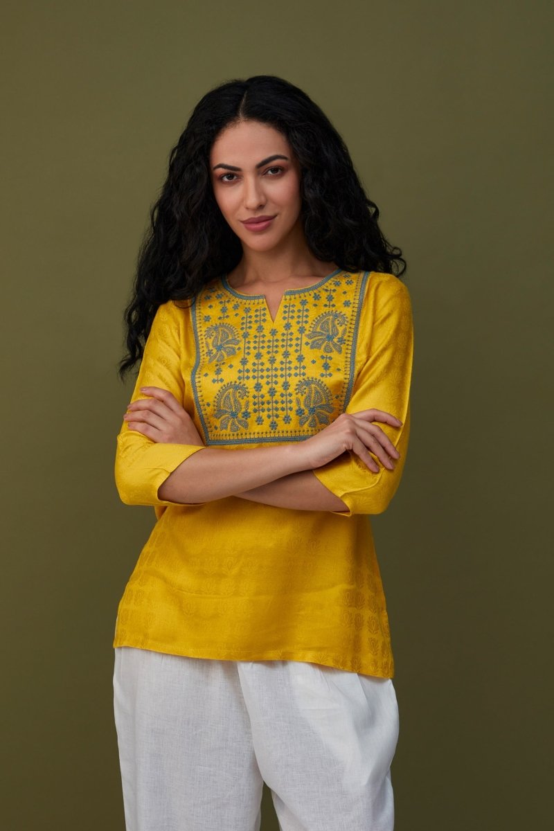 Yellow Jacquard Embroidered Tunic | Verified Sustainable Womens Top on Brown Living™